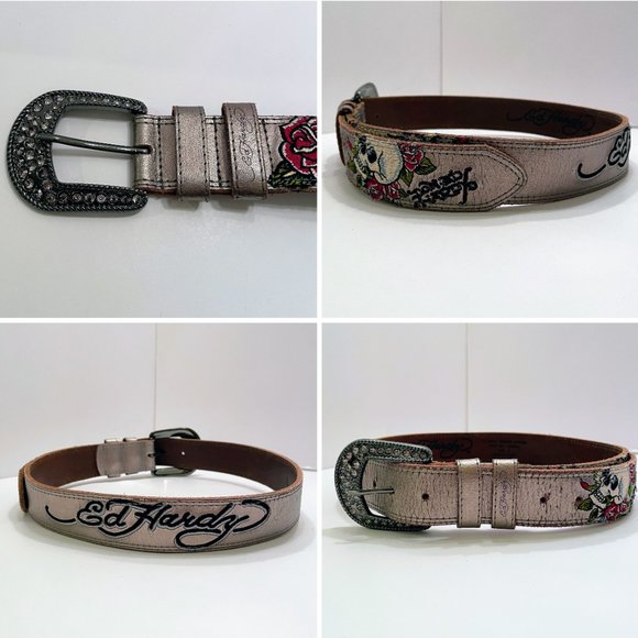 Ed Hardy Accessories - Vintage Y2K Ed Hardy Metallic Silver Leather Belt w/ Embroidered Skull & Flowers